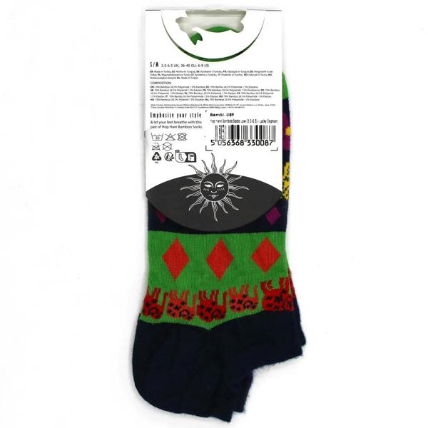 Low bamboo socks in navy and green with colorful diamond and elephant-style motif