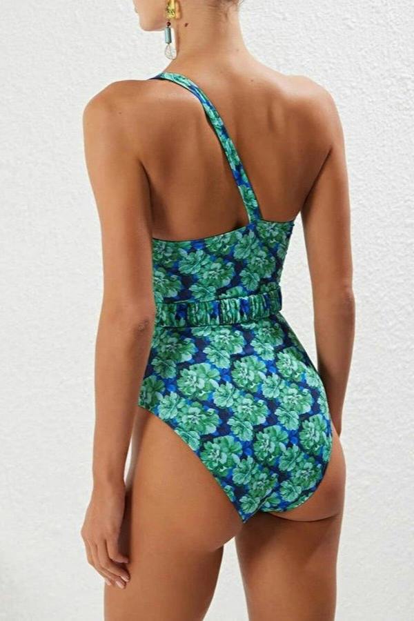 WOVCOR Patterned One-Shoulder Padded Regular Swimsuit with Accessories