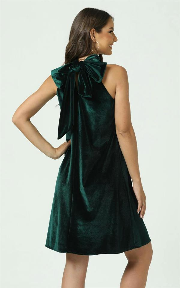 FS Collection Velvet Halter Neck Tie Back Mini Dress In Dark Green