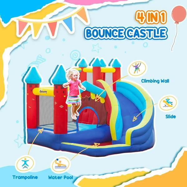 Inflatable kids bounce castle with slide and climbing wall, red blue yellow design