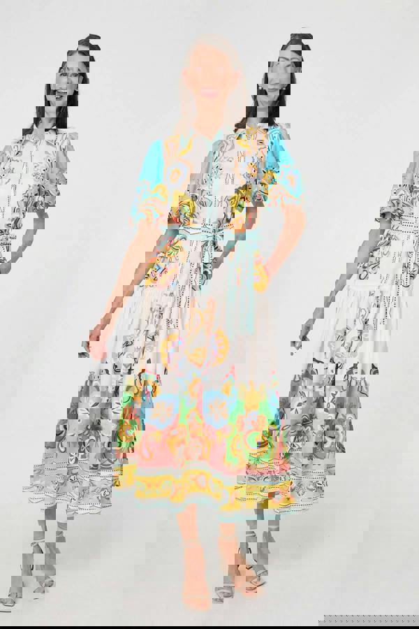 Beige | Abstract Border Tie Waist Midi Dress