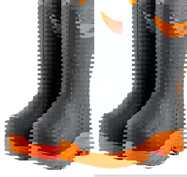 Buckbootz BBZ9000 Men's Safety Waterproof Composite Toe/Midsole S5 Wellington, pair of black and orange safety waterproof boots with reinforced toes and rugged soles.