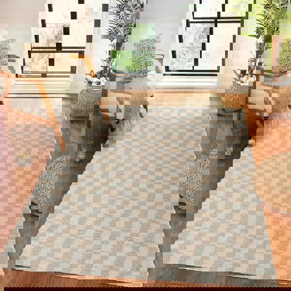 Livabliss Fossay Shag-Washable Beige High Pile Checkered Rug