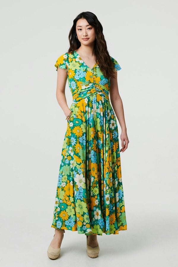 Green | Floral Ruched Cap Sleeve Maxi Dress
