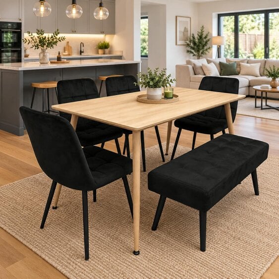 Kosy Koala Dining Table Set With 4 Black Velvet Chairs And 1 Black Velvet Bench Dining Room Furniture