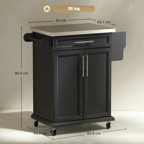 Black kitchen island serving cart with stainless steel top, drawer, cabinet doors, wheels