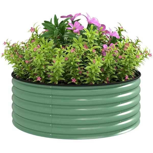 Light green raised garden bed planter box with ridged metal sides