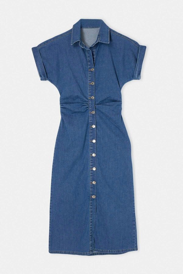 WOVCOR Shirt Collar Short Sleeve Button Front Bodycon Midi Dress