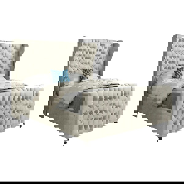 Casa Magna Donati Straight Curved Top Upholstered Soft Velvet Bed Frame - Cream