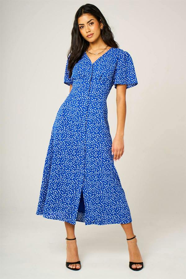 FS Collection Little Floral Print Button Front Midi Dress In Blue