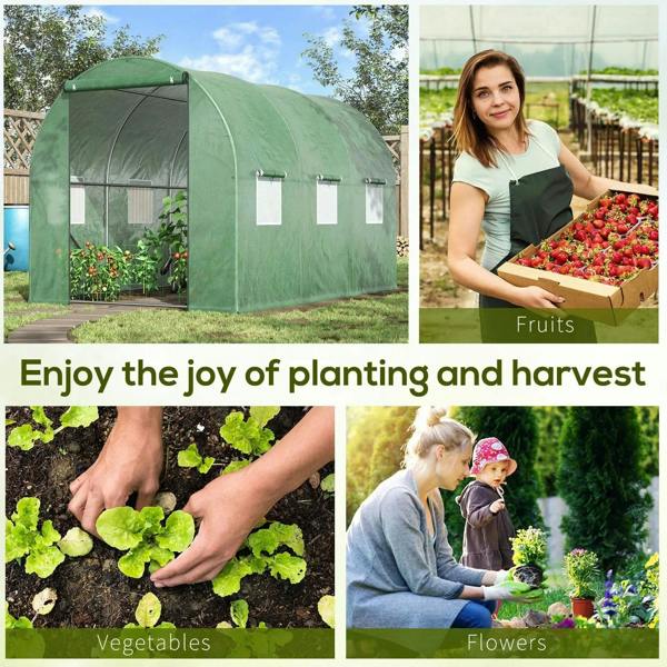 Green walk-in greenhouse tent with roll-up door opening and mesh window panels on side