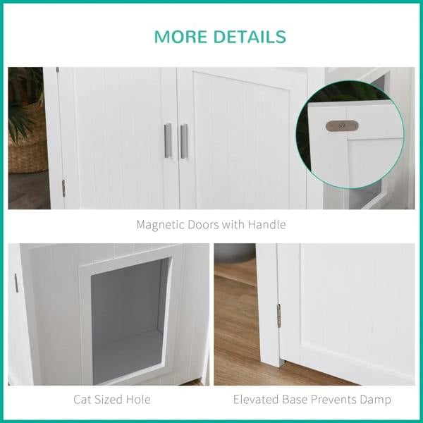 White cat litter box enclosure with magnetic-style doors, cat-sized hole, and raised base
