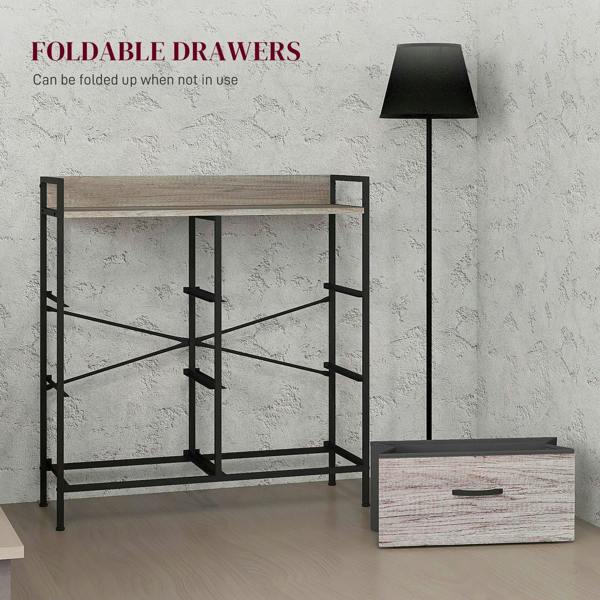 Foldable fabric drawer chest with grey wood-effect drawer front and black steel frame