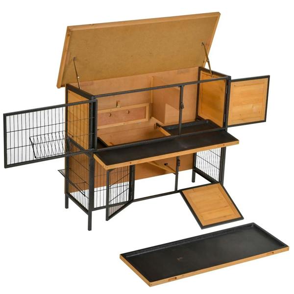 Rabbit hutch with open roof, front wire doors, and removable wooden ramps and trays