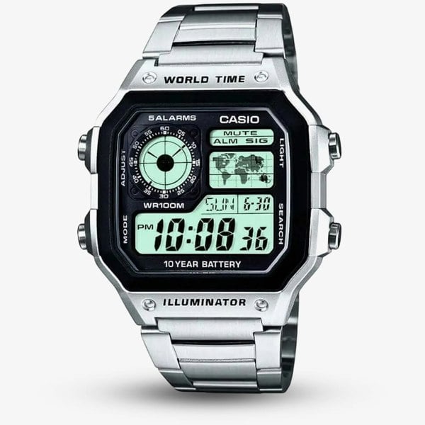 Casio World Timer Silver & Black Digital Display Watch AE-1200WHD-1AVEF
