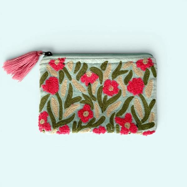 Hayley & Co Embroidered Velvet Coin Purse | Pale Blue Garden Floral Design