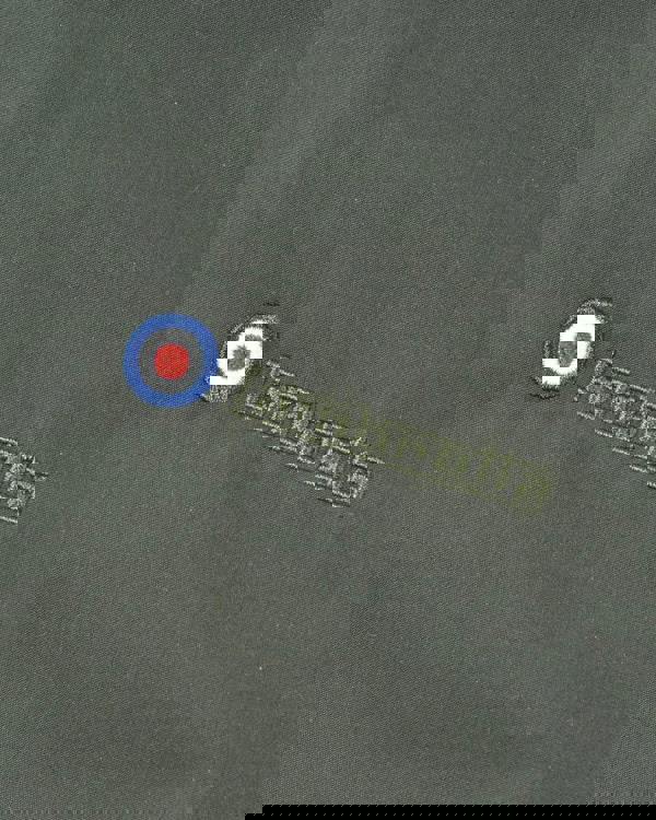 Lambretta Mens Padded Hooded Classic Badge Jacket Coat, close-up of the embroidered Lambretta logo and badge emblem on olive green fabric.