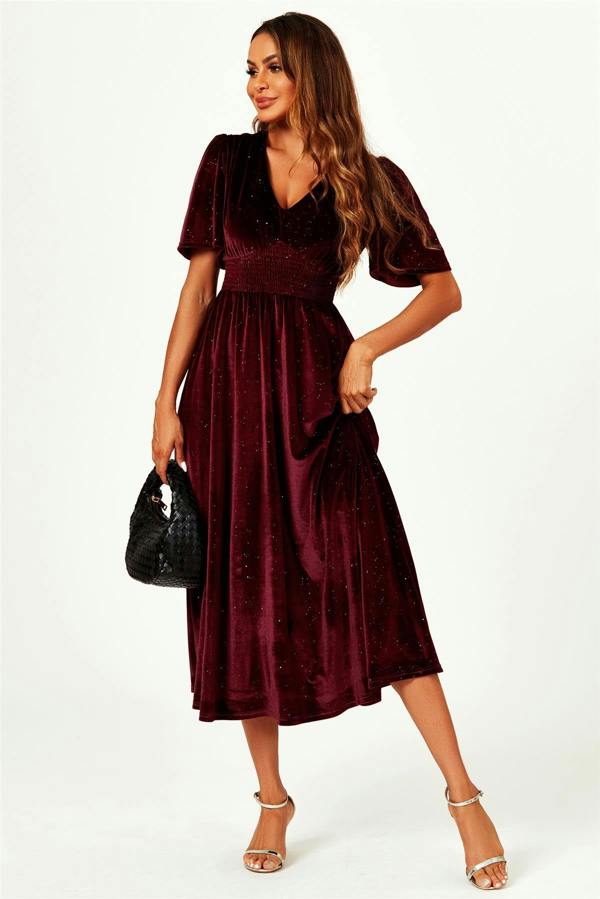 FS Collection V Neck Velvet Midi Dress In Wine