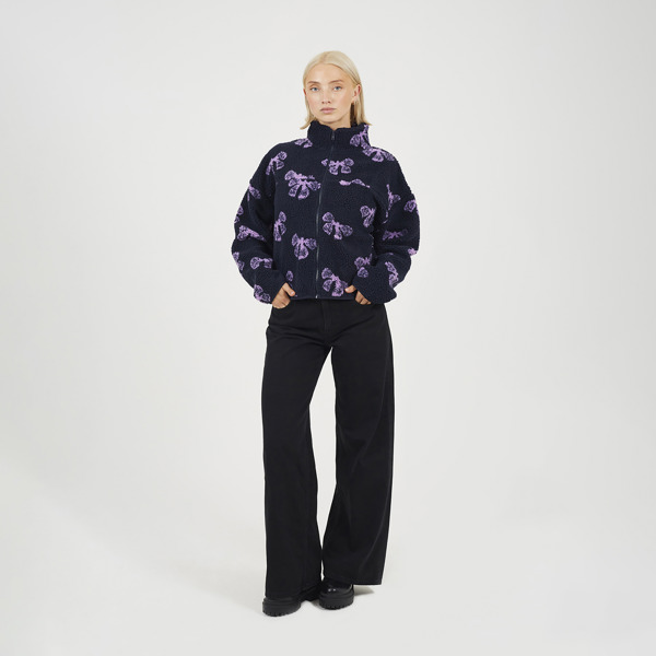 Brave Soul Graphic Bow Print Zip Through Sherpa Fleece - Navy