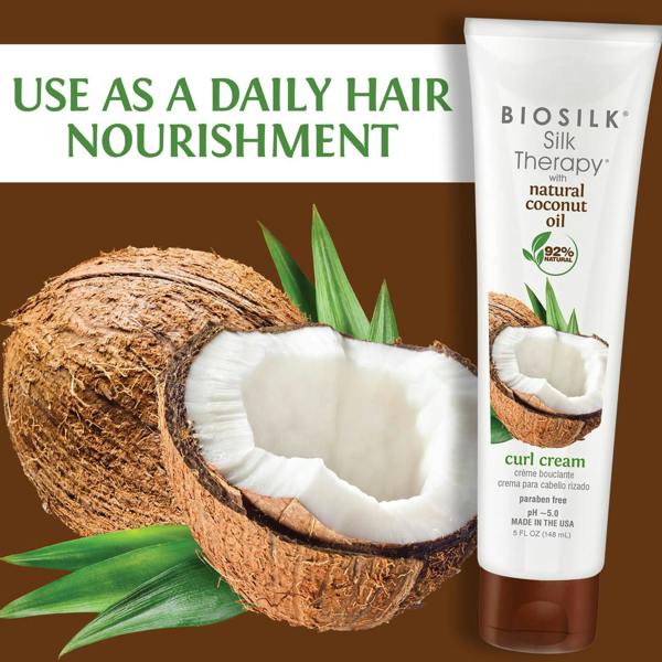 The coconut oil contained in BIOSILK Silk Therapy with Natural Coconut Oil Curl Cream moisturises the hair and makes it both more manageable and smoother.