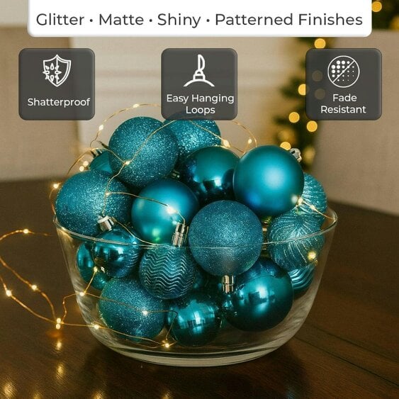 Neo Brilliant Blue 36 Christmas Tree Ornaments Set Baubles Glitter Balls Holiday Festive Decorations Assorted Sizes Colours Home Party Décor