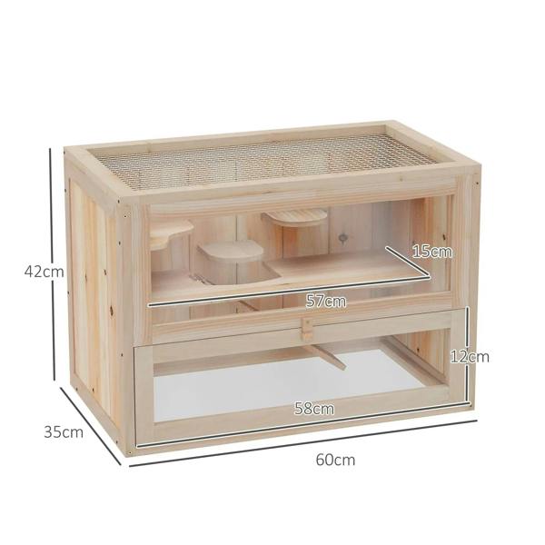 Natural wood hamster cage with open front, interior platforms, and wire mesh roof
