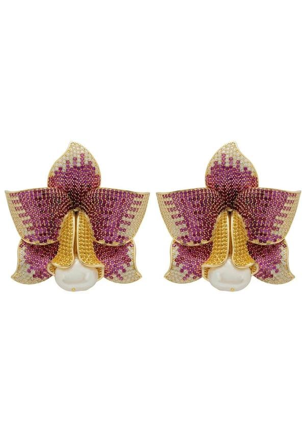 Daffodil With Pearl Earrings Gold Ruby CZ - LATELITA Earrings