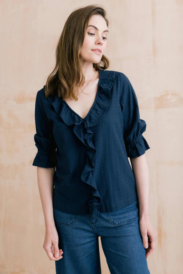 Lily & Me May Embroidered Cotton Frill Blouse Navy