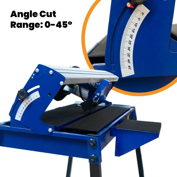 Wet tile cutter bench with a blue frame, adjustable angle range of 0-45°, and a sturdy cutting surface for precise tile cutting