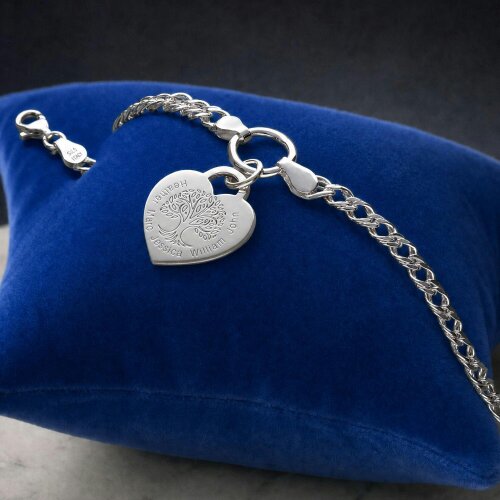 Christopher James of London Sterling Silver Personalised Tree of Life Heart Charm Double Curb Bracelet