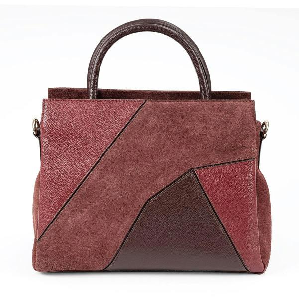 Pia Burgundy Leather Top-Handle Bag, Patchwork Design with Gold Fittings