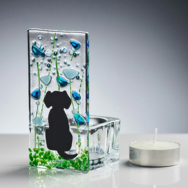 Handmade Fused Glass - Tea Light Holder - Dog - Forget Me Not