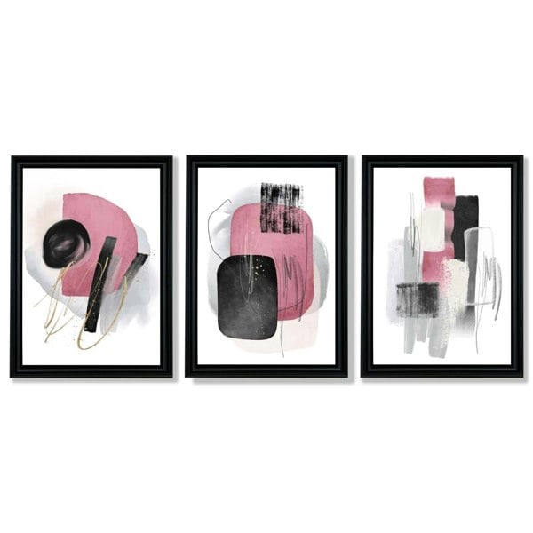 Set of 3 Abstract Black and Pink Watercolour Framed Art Prints with Vermeer Black Frames