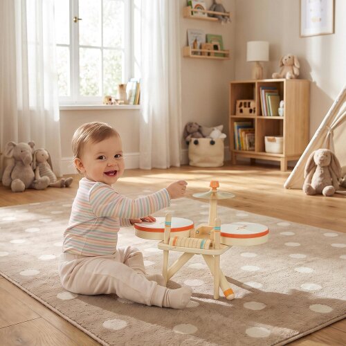 AIYAPLAY Kids Drum Kit, Wooden Musical Instruments with 2 Drums Natural Wood