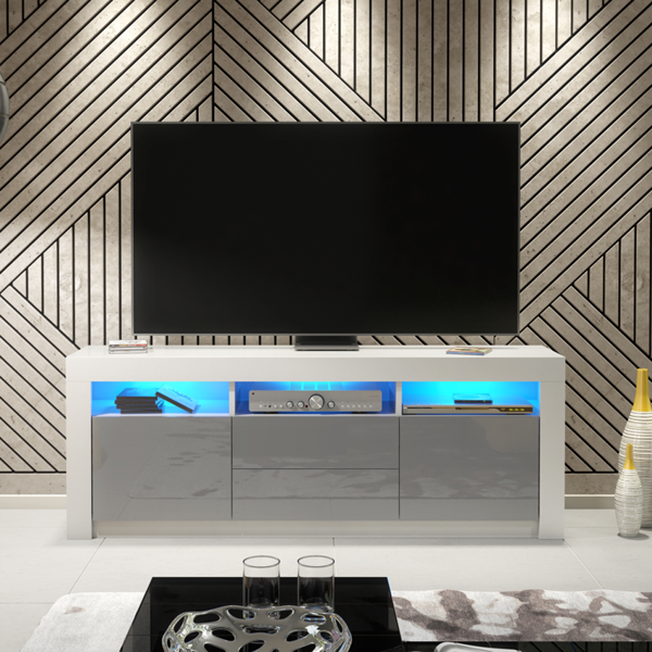 Mex Furniture Spacious 160cm TV Unit & Cabinet with Grey High Gloss Doors and Free LED