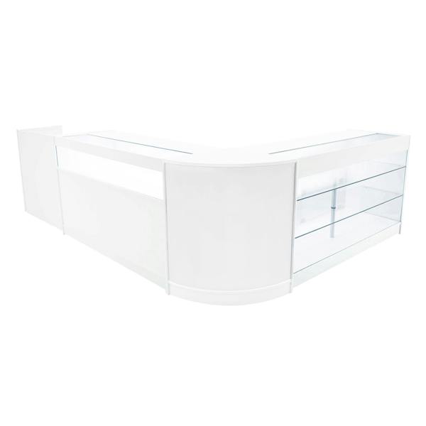 Polaris LED Shop Counter Set in white features sleek design, glass display shelves, and a modern, curved shape for retail spaces