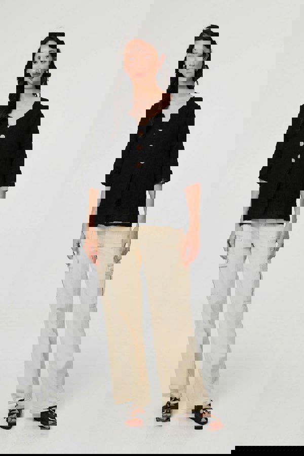 Black | Button Detail 3/4 Sleeve Relaxed Blouse
