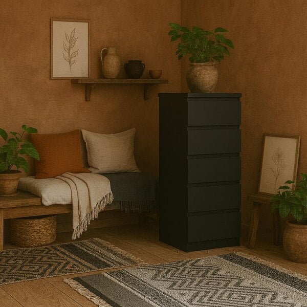 Wyld Haus Budapest Matt Black Wooden Narrow Chest 5 Drawers