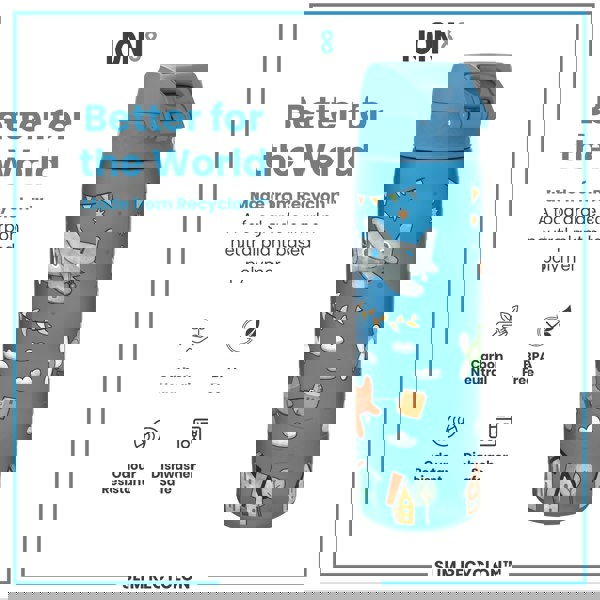 A blue water bottle, featuring a cartoon airplane design, sits against a white background. It is made from a plant-based polymer, is BPA-free, odor-resistant, and dishwasher-safe. The text also states it's carbon neutral.