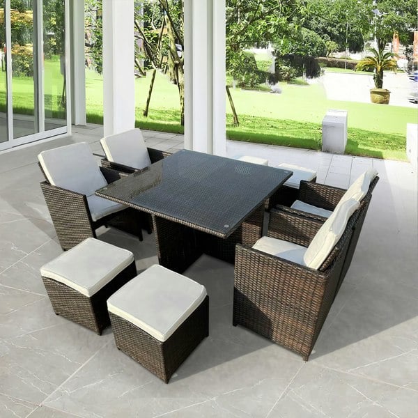 Furniture One 8 Seater Rattan Garden Furniture Set, 9 Piece Dining Table Set with Soft Cushion, Tempered Glass Top Table, Stools & Waterproof Cover