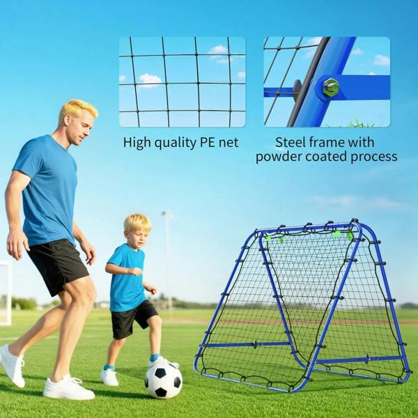 Blue football rebounder goal net with PE mesh and powder-coated steel frame