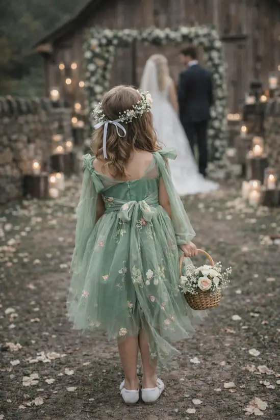 UK Flower Girl Boutique Enchanted Angel Dress - Embroidered Fern