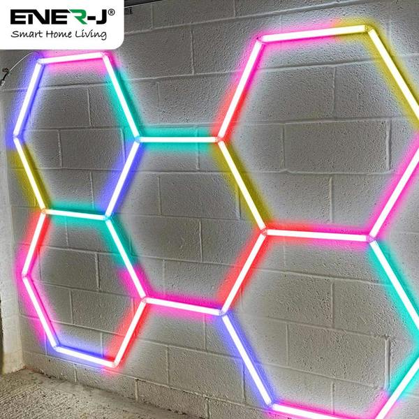 Ener-J 150W Hexagon RGB LED Garage Ceiling Light, 5 Hexagon Design, Remote Control, 24 T5 Tubes Showroom Kit