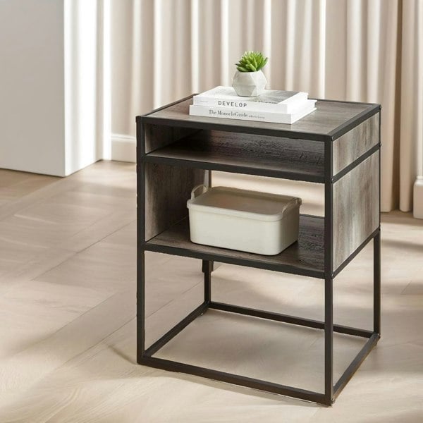 Rafaelo Mobilia Industrial Square Side Table With Open Storage Grey Walnut