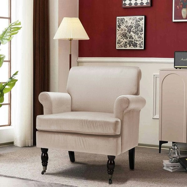 Contemporary Velvet upholstered Armchair with Casters Armchair Living and Home Beige