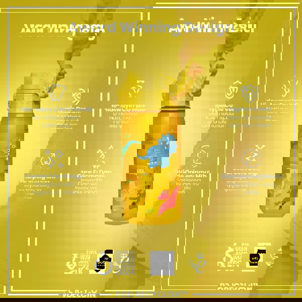 A yellow dinosaur-themed water bottle is being held. Features include a hide-away handle, hygiene cover, and wide mouth. It’s an award-winning design.