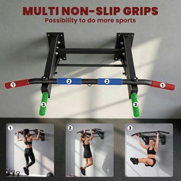 Pull Up Bar Wall Mounted Chin Up Bar with Folding Design, 3 Hooks for Resistance Bands, Supports up to 120 kg, Black