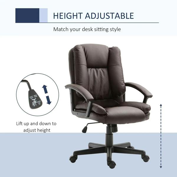 Brown mid-back office chair with height-adjustment lever and padded armrests