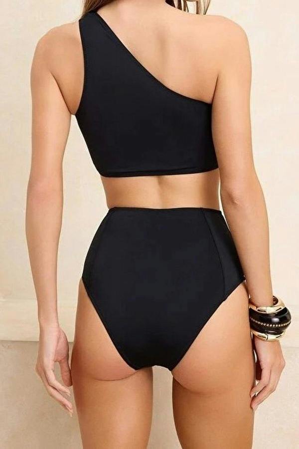 WOVCOR Mesh Detail One Shoulder Covered Bikini Top