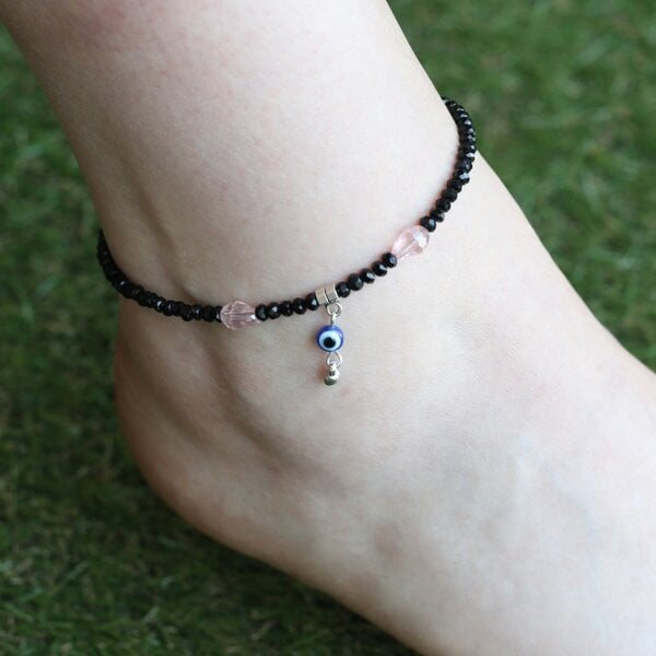 The Colourful Aura Dangle Evil Eye Black Beaded Silver Foot Anklet Payal